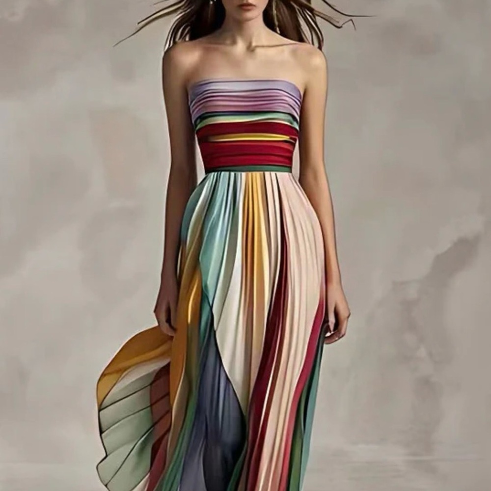 Multicolor Pleated Maxi Clear Straps Dress